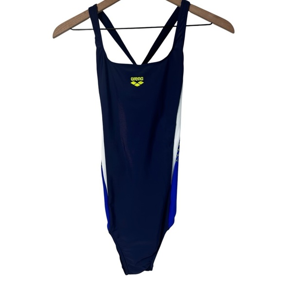 ARENA W THREEFOLD V BACK ONE PIECE NAVY NEON BLUE WHITE WOMEN SIZE 40 NWT - Picture 2 of 8